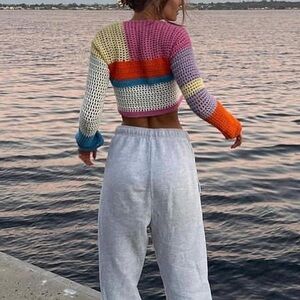 Women’s crochet long sleeve square collar color block knit top